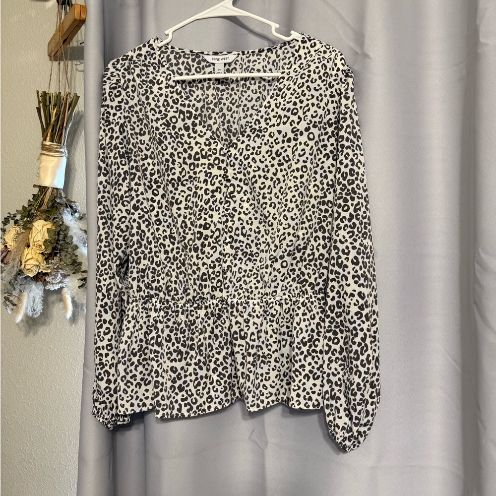 Nine West Beige Leopard Print Peplum Blouse
